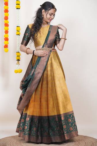 Beautiful South Indian Style Semi-Stitched Half Saree with Blouse and Banarasi Dupatta for Women