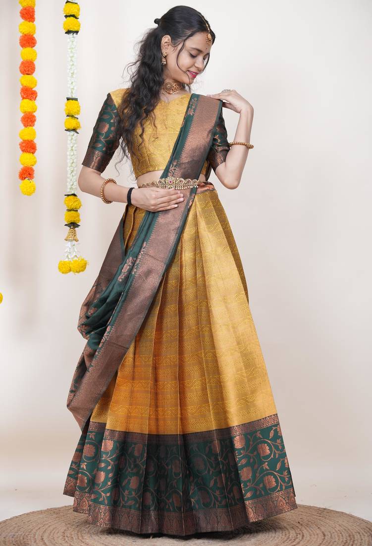 Beautiful South Indian Style Semi-Stitched Half Saree with Blouse and Banarasi Dupatta for Women