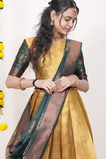 Beautiful South Indian Style Semi-Stitched Half Saree with Blouse and Banarasi Dupatta for Women