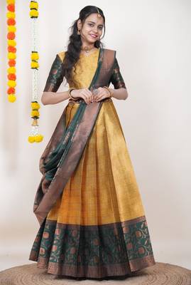 Beautiful South Indian Style Semi-Stitched Half Saree with Blouse and Banarasi Dupatta for Women 4