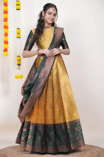 Beautiful South Indian Style Semi-Stitched Half Saree with Blouse and Banarasi Dupatta for Women