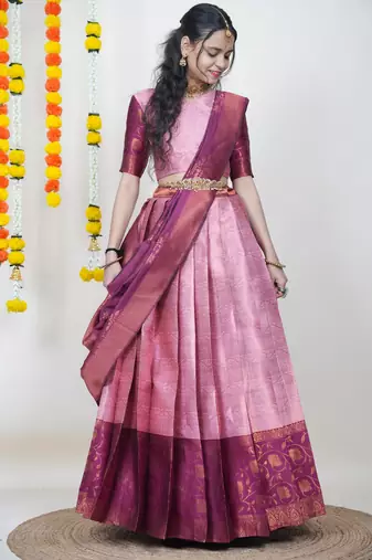 Beautiful South Indian Style Semi-Stitched Half Saree with Blouse and Banarasi Dupatta for Women