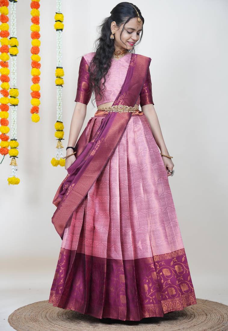 Beautiful South Indian Style Semi-Stitched Half Saree with Blouse and Banarasi Dupatta for Women