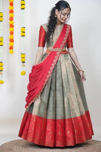 Beautiful South Indian Style Semi-Stitched Half Saree with Blouse and Banarasi Dupatta for Women