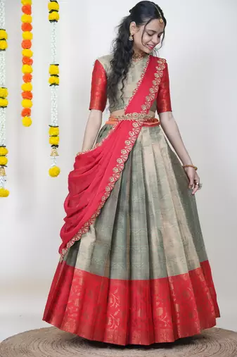Beautiful South Indian Style Semi-Stitched Half Saree with Blouse and Banarasi Dupatta for Women