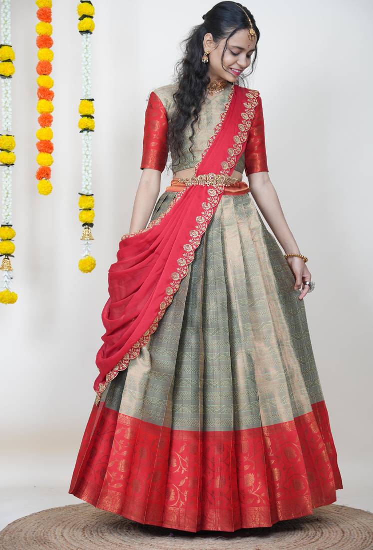 Beautiful South Indian Style Semi-Stitched Half Saree with Blouse and Banarasi Dupatta for Women
