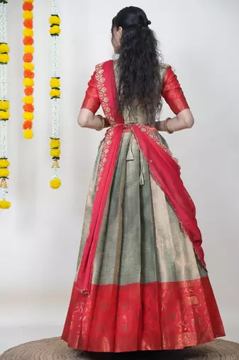 Beautiful South Indian Style Semi-Stitched Half Saree with Blouse and Banarasi Dupatta for Women