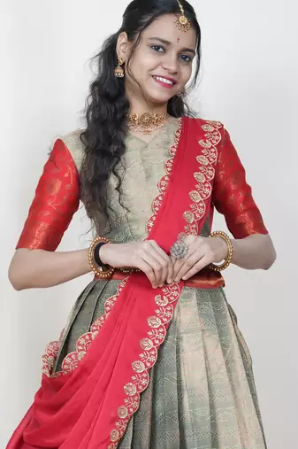 Beautiful South Indian Style Semi-Stitched Half Saree with Blouse and Banarasi Dupatta for Women