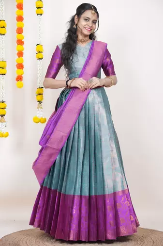 Beautiful South Indian Style Semi-Stitched Half Saree with Blouse and Banarasi Dupatta for Women