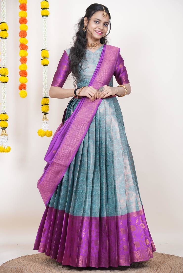 Beautiful South Indian Style Semi-Stitched Half Saree with Blouse and Banarasi Dupatta for Women