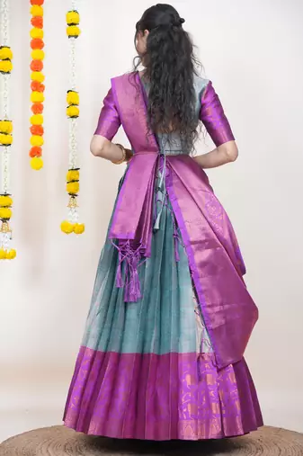 Beautiful South Indian Style Semi-Stitched Half Saree with Blouse and Banarasi Dupatta for Women