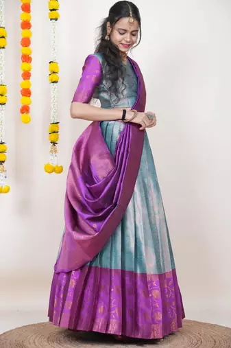 Beautiful South Indian Style Semi-Stitched Half Saree with Blouse and Banarasi Dupatta for Women