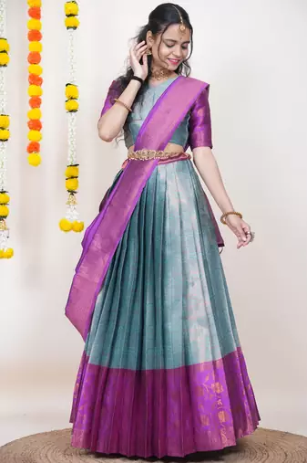 Beautiful South Indian Style Semi-Stitched Half Saree with Blouse and Banarasi Dupatta for Women