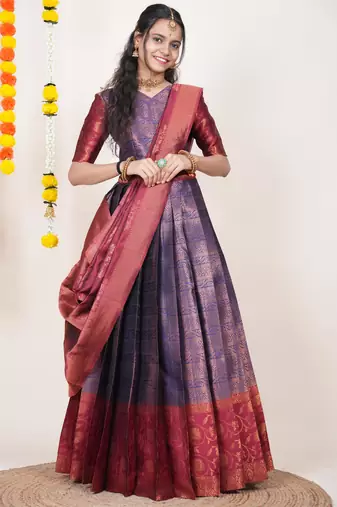 Beautiful South Indian Style Semi-Stitched Half Saree with Blouse and Banarasi Dupatta for Women