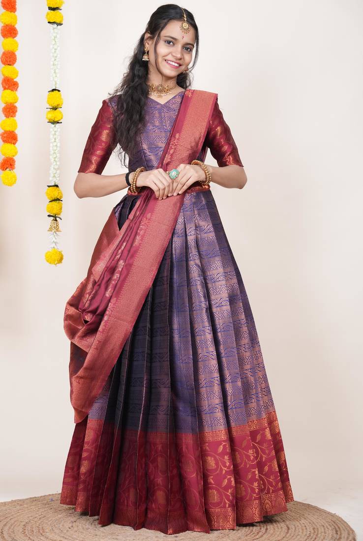 Beautiful South Indian Style Semi-Stitched Half Saree with Blouse and Banarasi Dupatta for Women