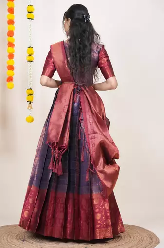 Beautiful South Indian Style Semi-Stitched Half Saree with Blouse and Banarasi Dupatta for Women