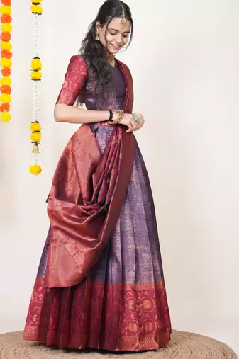 Beautiful South Indian Style Semi-Stitched Half Saree with Blouse and Banarasi Dupatta for Women