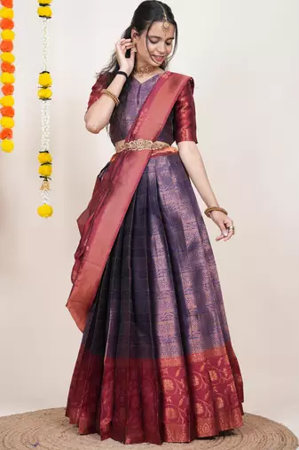 Beautiful South Indian Style Semi-Stitched Half Saree with Blouse and Banarasi Dupatta for Women