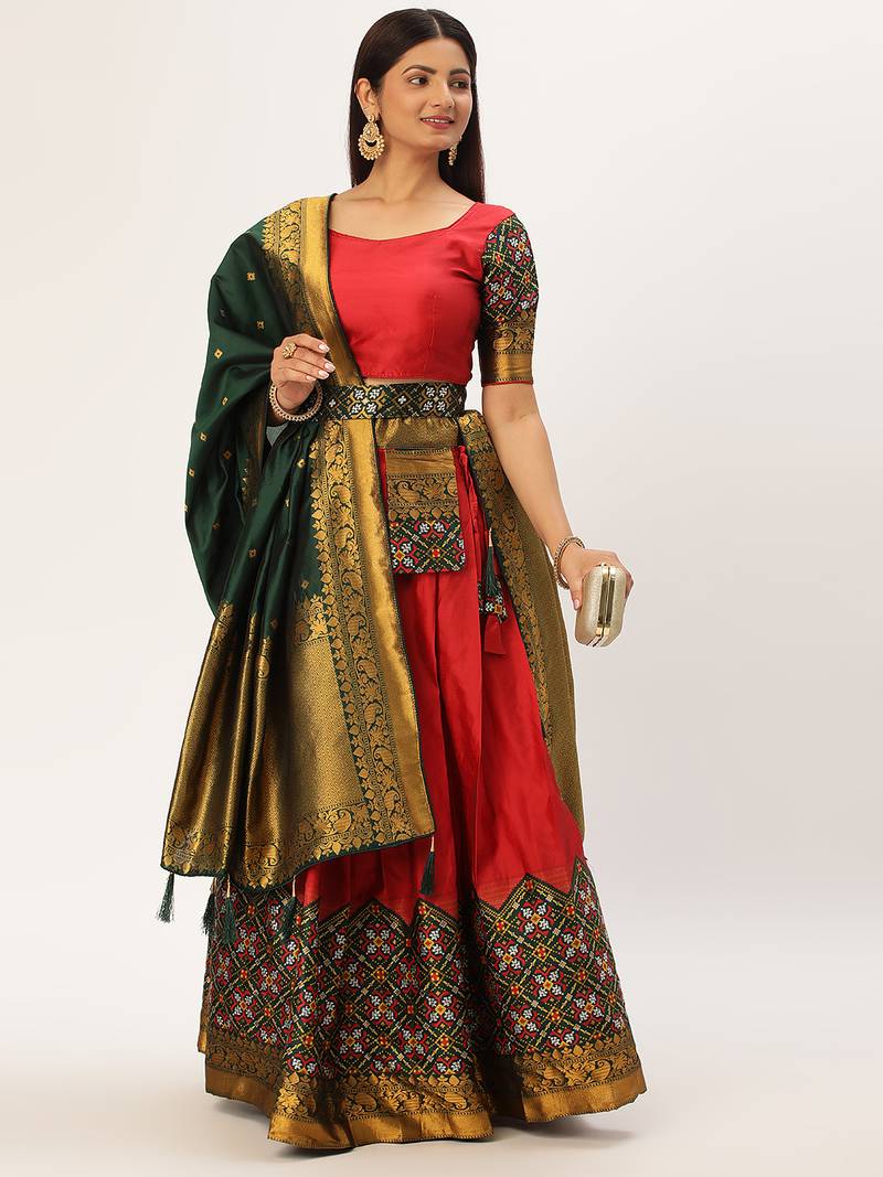 Beautiful South Indian Style Semi-Stitched Half Saree with Blouse and Banarasi Dupatta for Women