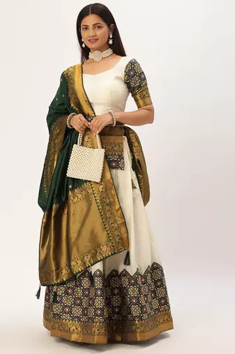 Beautiful South Indian Style Semi-Stitched Half Saree with Blouse and Banarasi Dupatta for Women