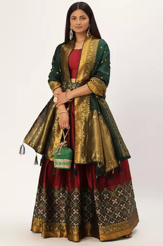 Beautiful South Indian Style Semi-Stitched Half Saree with Blouse and Banarasi Dupatta for Women