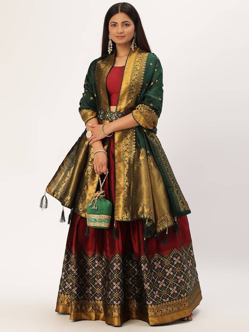 Beautiful South Indian Style Semi-Stitched Half Saree with Blouse and Banarasi Dupatta for Women