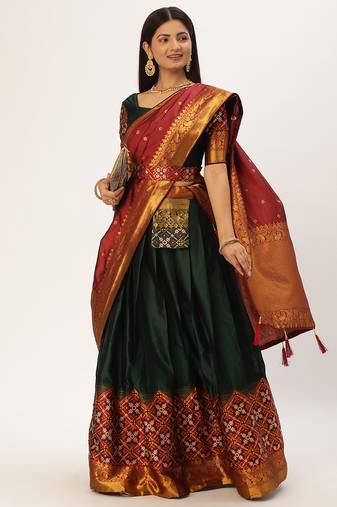 Beautiful South Indian Style Semi-Stitched Half Saree with Blouse and Banarasi Dupatta for Women