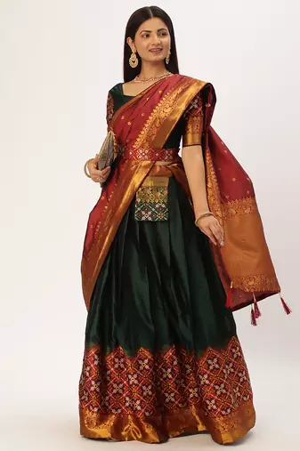 Beautiful South Indian Style Semi-Stitched Half Saree with Blouse and Banarasi Dupatta for Women