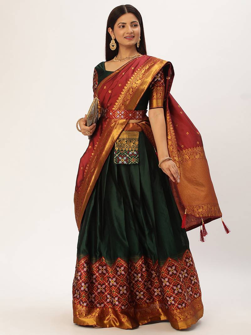 Beautiful South Indian Style Semi-Stitched Half Saree with Blouse and Banarasi Dupatta for Women
