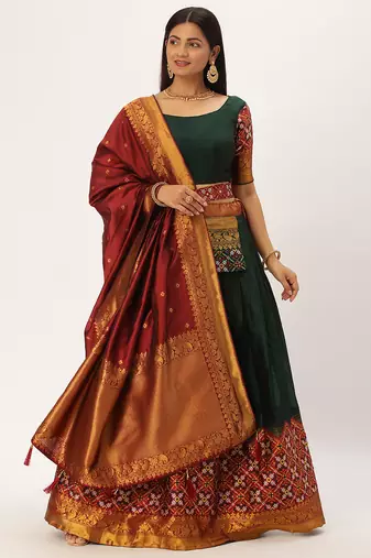 Beautiful South Indian Style Semi-Stitched Half Saree with Blouse and Banarasi Dupatta for Women