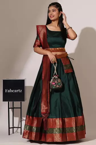 Beautiful South Indian Style Semi-Stitched Half Saree with Blouse and Banarasi Dupatta for Women