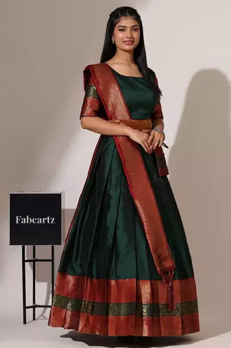 Beautiful South Indian Style Semi-Stitched Half Saree with Blouse and Banarasi Dupatta for Women