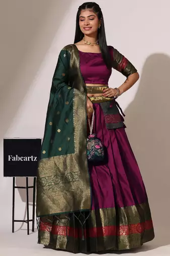 Beautiful South Indian Style Semi-Stitched Half Saree with Blouse and Banarasi Dupatta for Women