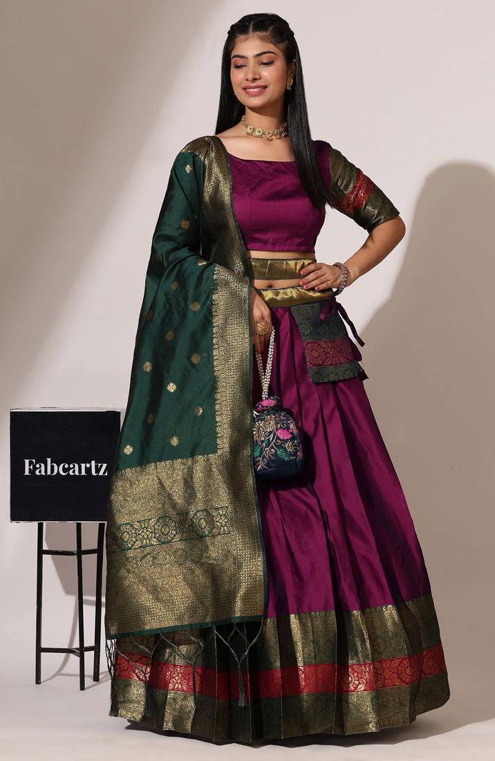 Beautiful South Indian Style Semi-Stitched Half Saree with Blouse and Banarasi Dupatta for Women