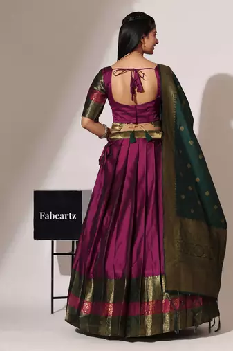 Beautiful South Indian Style Semi-Stitched Half Saree with Blouse and Banarasi Dupatta for Women