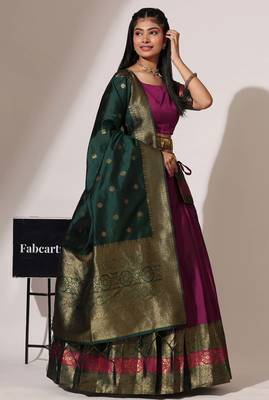 Beautiful South Indian Style Semi-Stitched Half Saree with Blouse and Banarasi Dupatta for Women 3