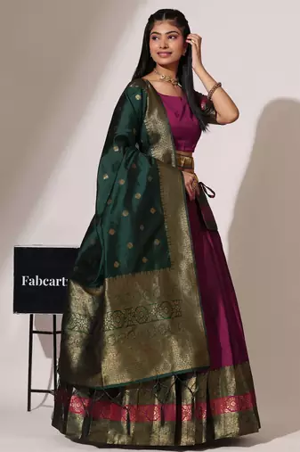 Beautiful South Indian Style Semi-Stitched Half Saree with Blouse and Banarasi Dupatta for Women