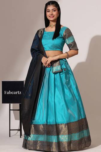 Beautiful South Indian Style Semi-Stitched Half Saree with Blouse and Banarasi Dupatta for Women