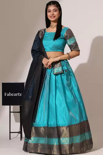 Beautiful South Indian Style Semi-Stitched Half Saree with Blouse and Banarasi Dupatta for Women