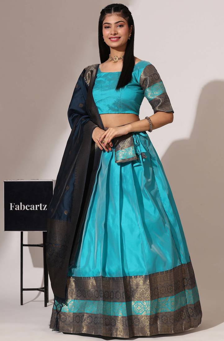 Beautiful South Indian Style Semi-Stitched Half Saree with Blouse and Banarasi Dupatta for Women