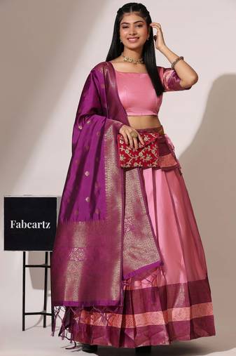 Beautiful South Indian Style Semi-Stitched Half Saree with Blouse and Banarasi Dupatta for Women