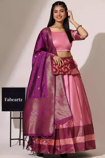Beautiful South Indian Style Semi-Stitched Half Saree with Blouse and Banarasi Dupatta for Women