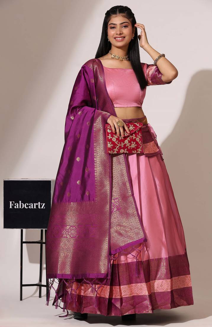 Beautiful South Indian Style Semi-Stitched Half Saree with Blouse and Banarasi Dupatta for Women