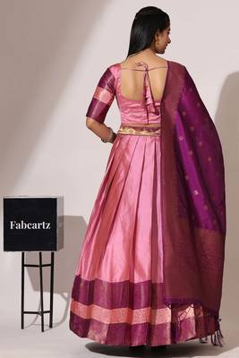Beautiful South Indian Style Semi-Stitched Half Saree with Blouse and Banarasi Dupatta for Women 2