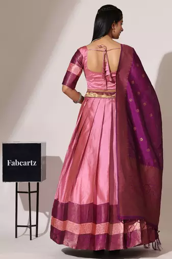 Beautiful South Indian Style Semi-Stitched Half Saree with Blouse and Banarasi Dupatta for Women