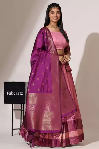 Beautiful South Indian Style Semi-Stitched Half Saree with Blouse and Banarasi Dupatta for Women