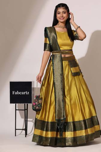 Beautiful South Indian Style Semi-Stitched Half Saree with Blouse and Banarasi Dupatta for Women