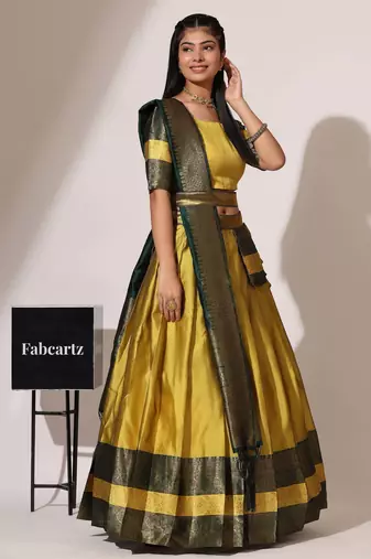Beautiful South Indian Style Semi-Stitched Half Saree with Blouse and Banarasi Dupatta for Women