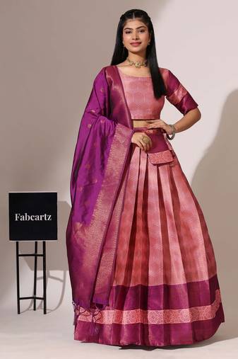 Beautiful South Indian Style Semi-Stitched Half Saree with Blouse and Banarasi Dupatta for Women