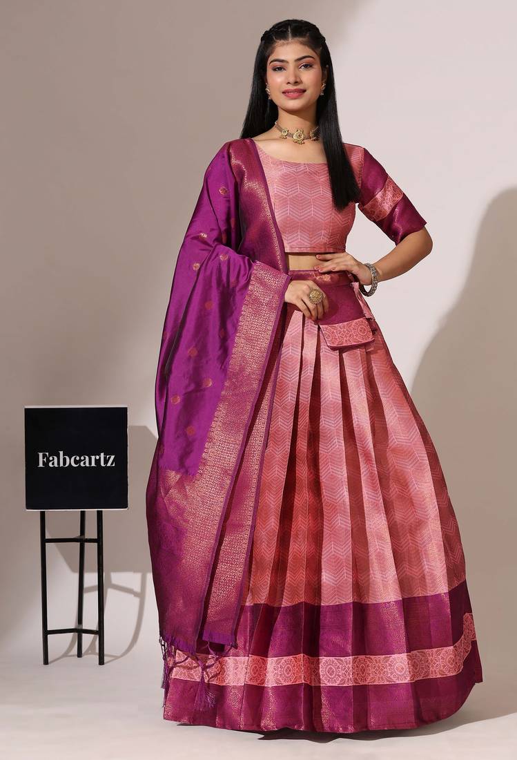 Beautiful South Indian Style Semi-Stitched Half Saree with Blouse and Banarasi Dupatta for Women